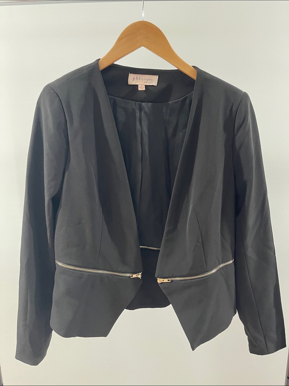 Philosophy Black Open-Front Blazer with Gold Zipper Accents